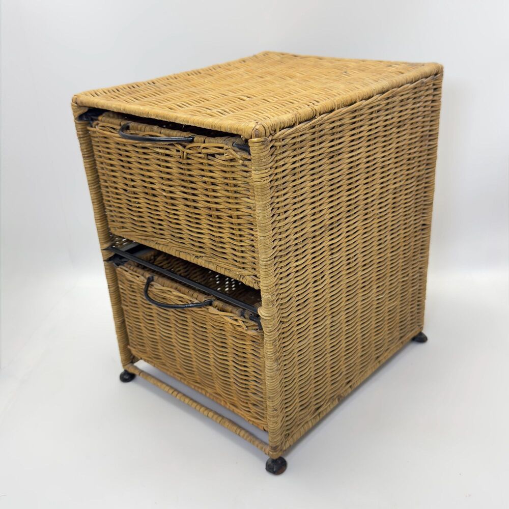 Vintage Two-Tier Handwoven Wicker and Rattan Storage Drawer Unit